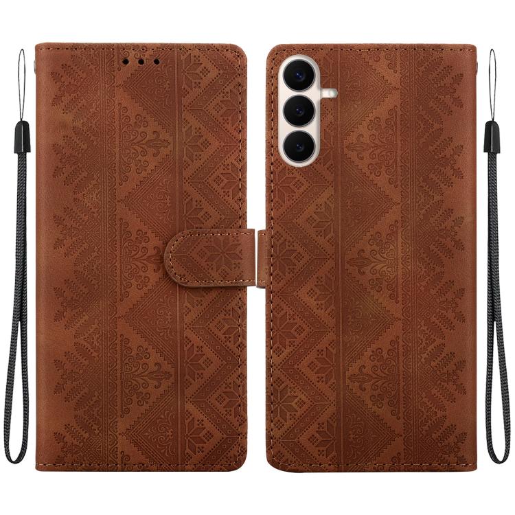 For Galaxy S26 FE 5G Ethnic Pattern Embossed Vegan Leather Phone Case(Brown)