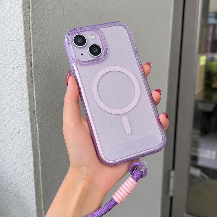 For iPhone 13 Glitter Letter Lens Frame Magnetic Phone Case with Wrist Strap(Purple)