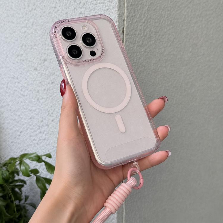 For iPhone 13 Pro Glitter Letter Lens Frame Magnetic Phone Case with Wrist Strap(Pink)