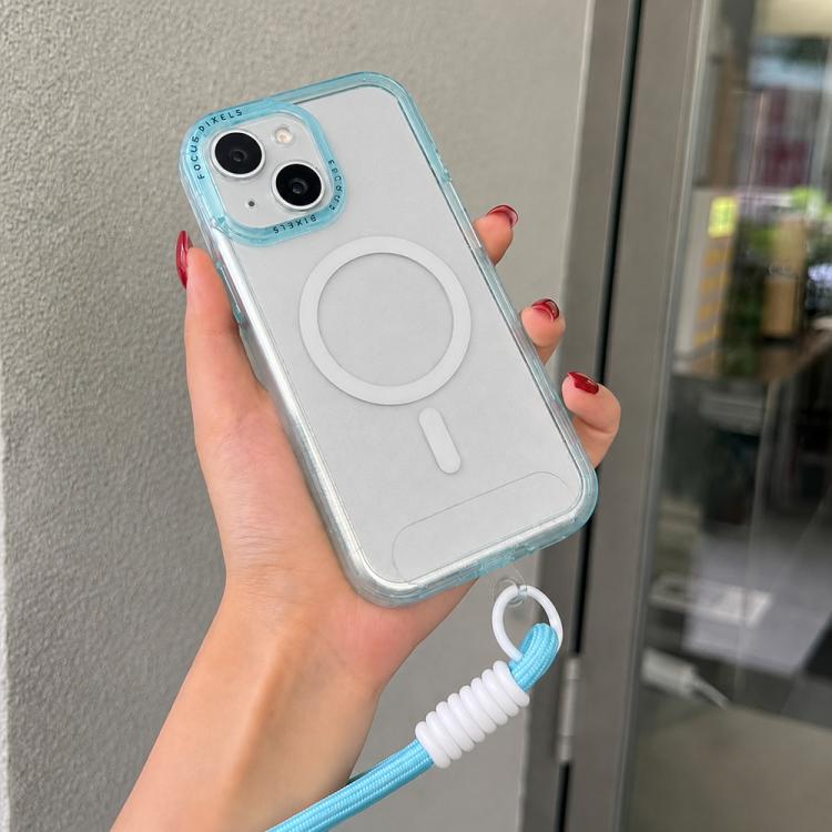 For iPhone 14 Glitter Letter Lens Frame Magnetic Phone Case with Wrist Strap(Blue)