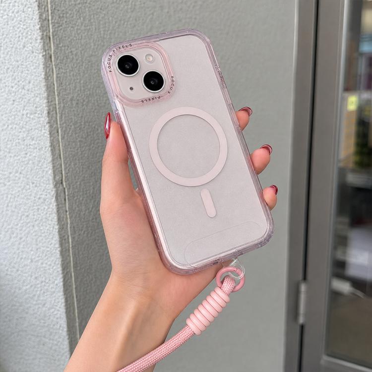For iPhone 15 Glitter Letter Lens Frame Magnetic Phone Case with Wrist Strap(Pink)