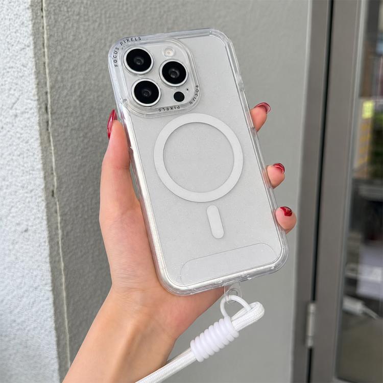 For iPhone 15 Pro Max Glitter Letter Lens Frame Magnetic Phone Case with Wrist Strap(White)