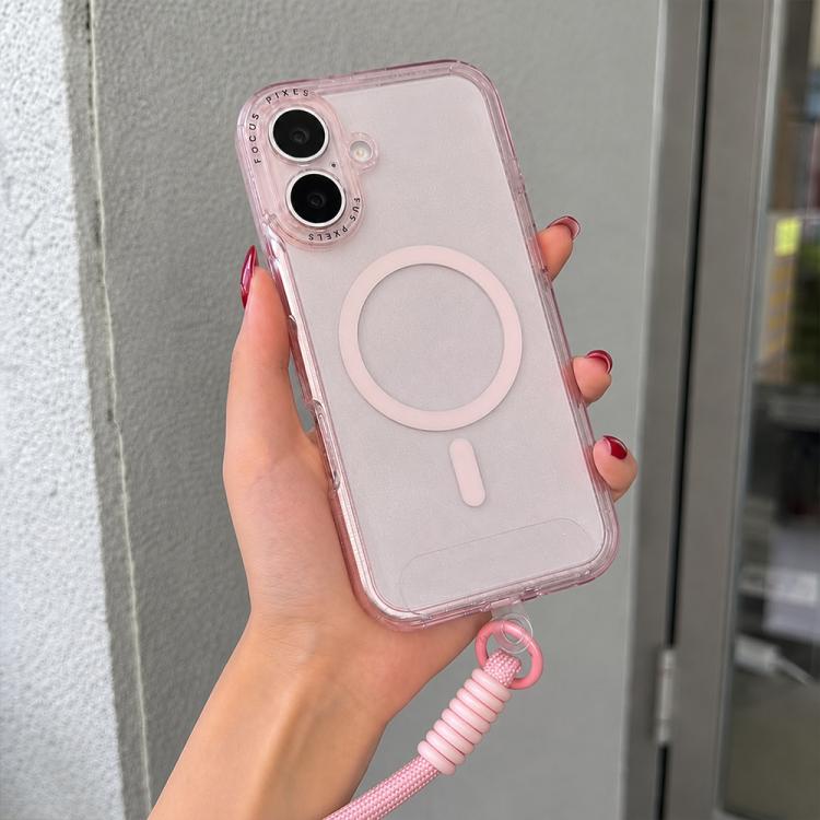 For iPhone 16 Glitter Letter Lens Frame Magnetic Phone Case with Wrist Strap(Pink)