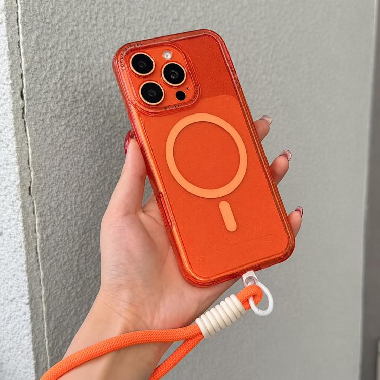 For iPhone 16 Pro Glitter Letter Lens Frame Magnetic Phone Case with Wrist Strap(Orange)