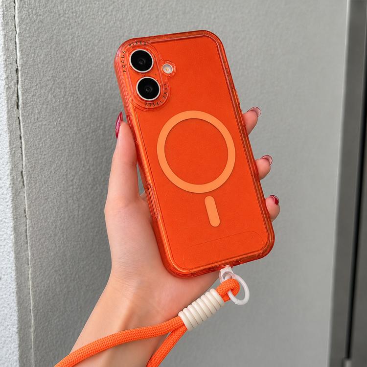 For iPhone 17 Glitter Letter Lens Frame Magnetic Phone Case with Wrist Strap(Orange)