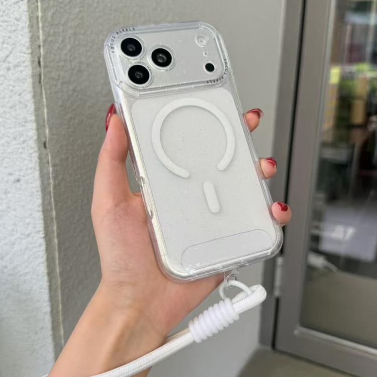 For iPhone 17 Pro Glitter Letter Lens Frame Magnetic Phone Case with Wrist Strap(White)