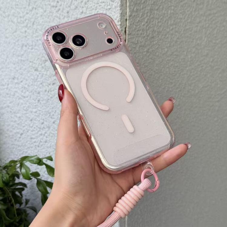 For iPhone 17 Pro Max Glitter Letter Lens Frame Magnetic Phone Case with Wrist Strap(Pink)