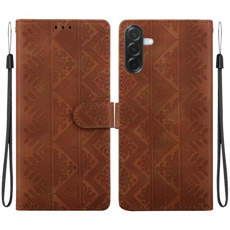 For Galaxy A57 5G Ethnic Pattern Embossed Vegan Leather Phone Case(Brown)