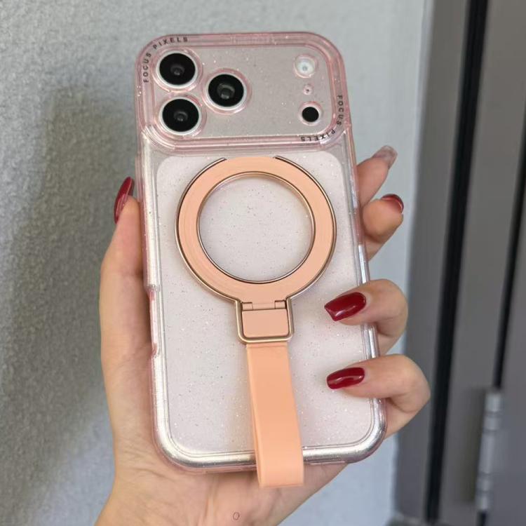 For iPhone 17 Pro Max Glitter Letter Lens Frame Magnetic Phone Case with Holder(Pink)