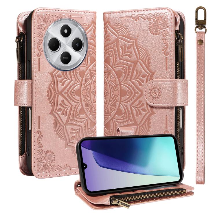 For Redmi 17C/14C 4G/A4 5G/Poco C75 5G Mandala Embossed 9-Card Zipper RFID Vegan Leather Phone Case with Short Lanyard(Rose Gold)