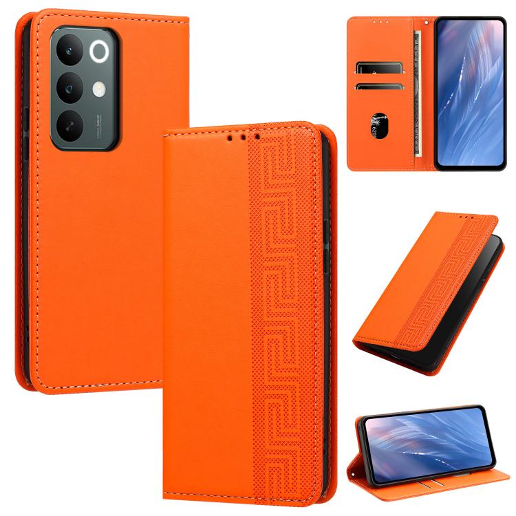 For Realme C100 4G / C100x / C100i Embossed Meander Pattern RFID Vegan Leather Phone Case(Orange)