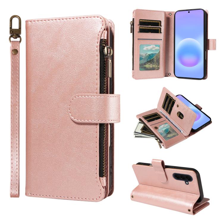 For Galaxy A57 5G Imitation Calf Vegan Leather 9 Card Slots Zipper Phone Case with Wrist Strap(Rose Gold)