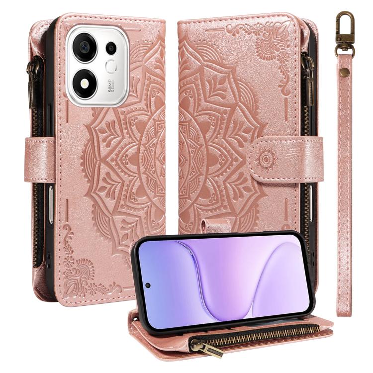 For Honor 600 Smart 5G Mandala Embossed 9-Card Zipper RFID Vegan Leather Phone Case with Short Lanyard(Rose Gold)