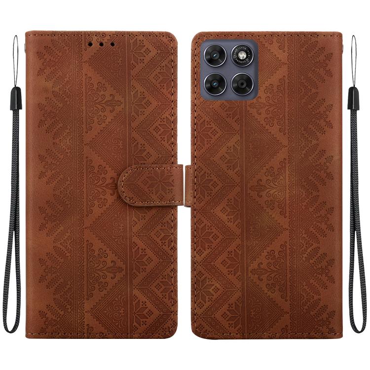 For Motorola Moto G Max / G87 / G77 / G67 5G Ethnic Pattern Embossed Vegan Leather Phone Case(Brown)