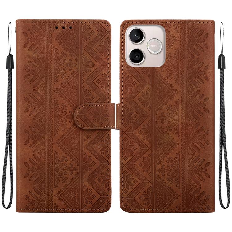 For Honor 600 Lite Global / 500 Smart Global Ethnic Pattern Embossed Vegan Leather Phone Case(Brown)