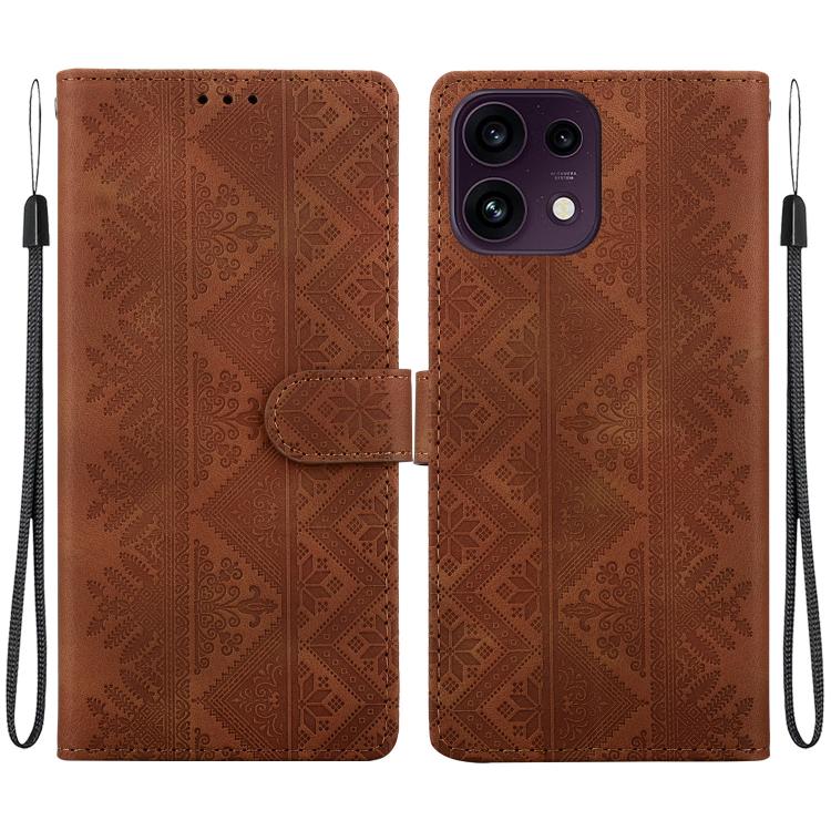 For OPPO Reno16 F 5G / Reno16 FS 5G Ethnic Pattern Embossed Vegan Leather Phone Case(Brown)