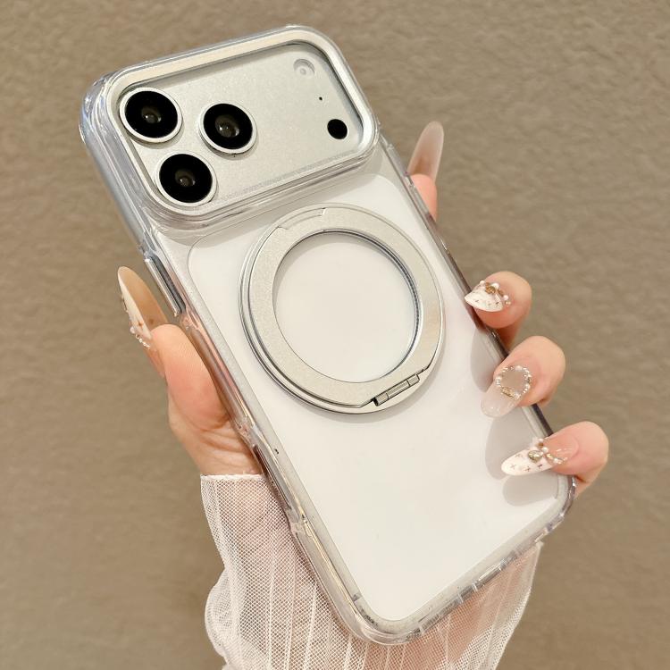 For iPhone 17 Pro Max Airbag Shockproof Magnetic Rotating Holder Phone Case(Silver)