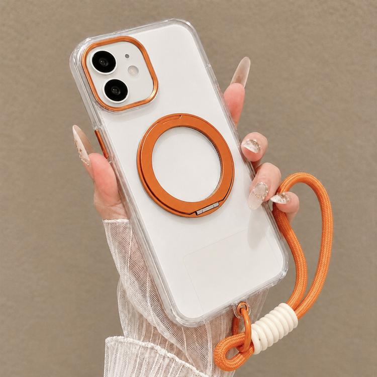 For iPhone 12 Airbag Shockproof Magnetic Rotating Holder Phone Case with Wrist Strap(Orange)