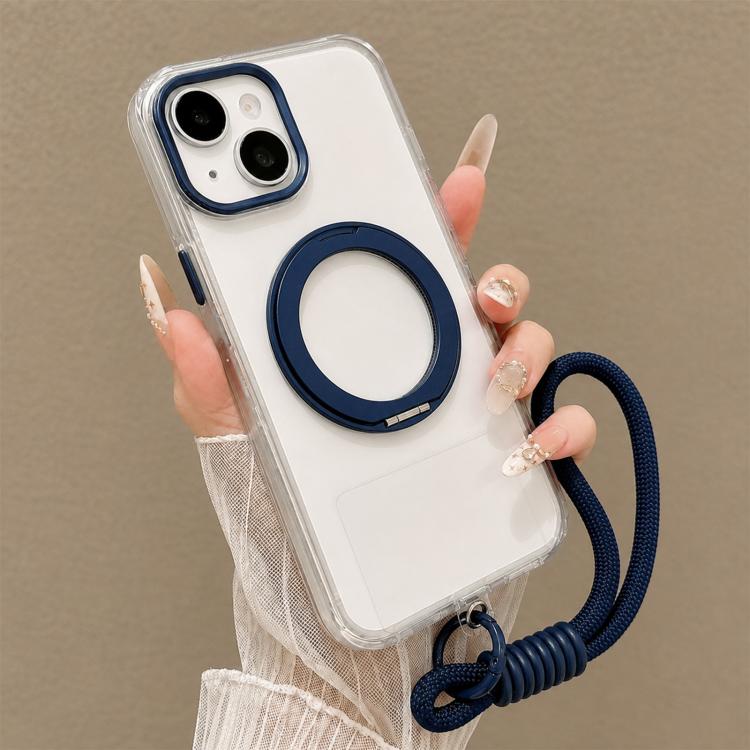 For iPhone 13 Airbag Shockproof Magnetic Rotating Holder Phone Case with Wrist Strap(Blue)