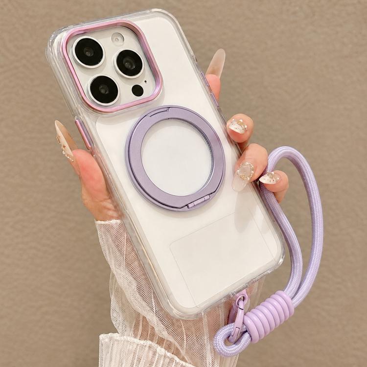 For iPhone 14 Pro Max Airbag Shockproof Magnetic Rotating Holder Phone Case with Wrist Strap(Purple)
