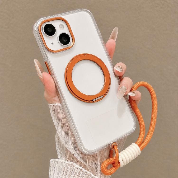 For iPhone 15 Airbag Shockproof Magnetic Rotating Holder Phone Case with Wrist Strap(Orange)