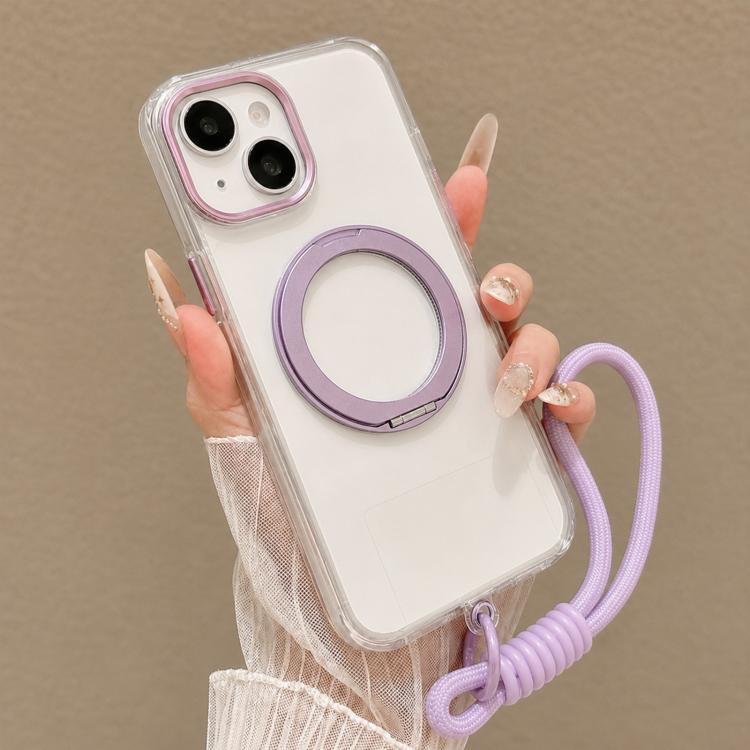 For iPhone 15 Plus Airbag Shockproof Magnetic Rotating Holder Phone Case with Wrist Strap(Purple)