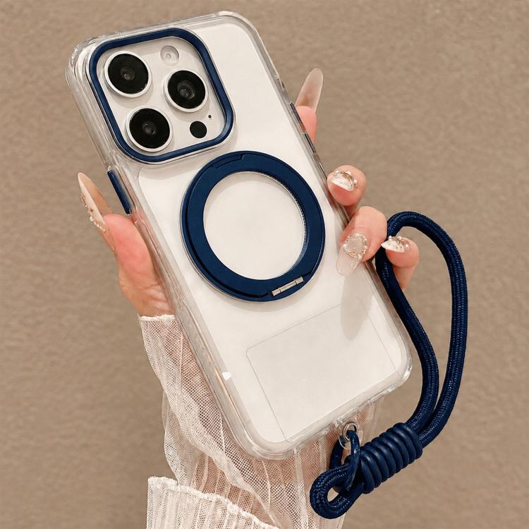 For iPhone 15 Pro Airbag Shockproof Magnetic Rotating Holder Phone Case with Wrist Strap(Blue)