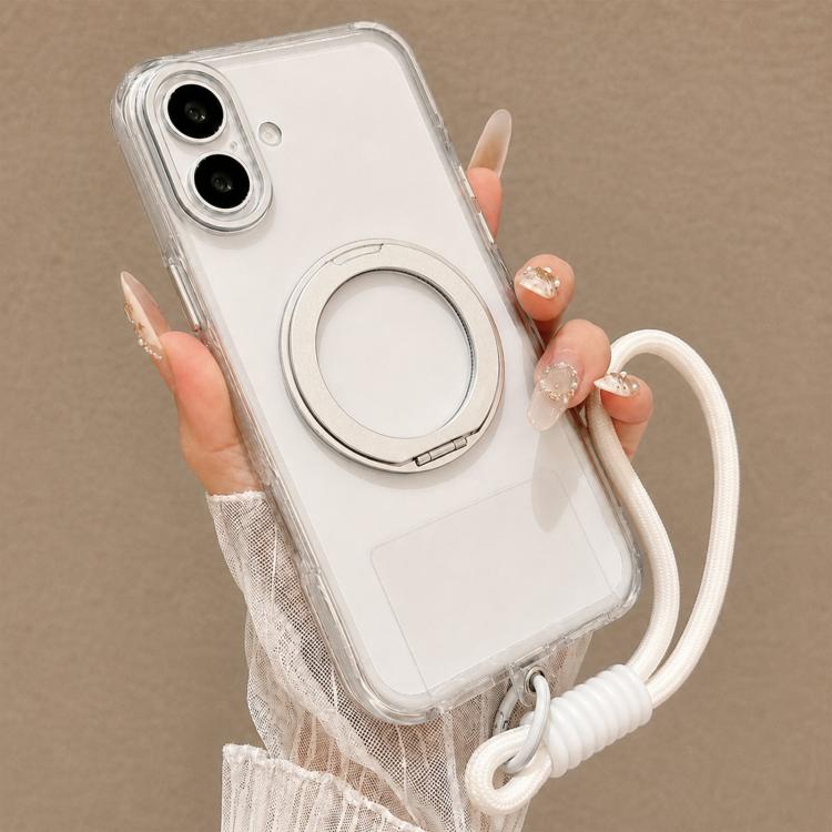 For iPhone 16 Airbag Shockproof Magnetic Rotating Holder Phone Case with Wrist Strap(Silver)
