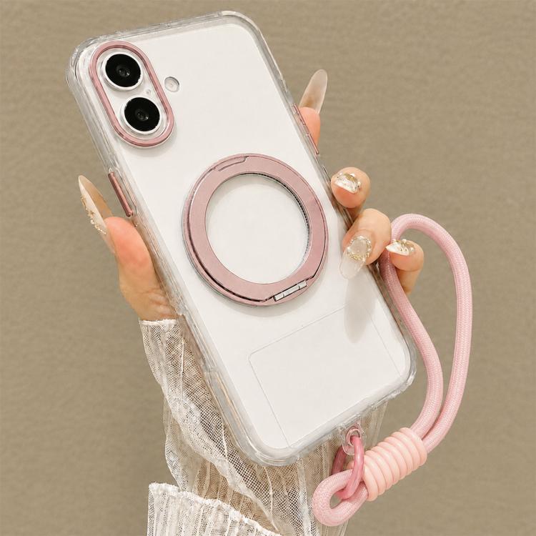 For iPhone 16 Plus Airbag Shockproof Magnetic Rotating Holder Phone Case with Wrist Strap(Pink)