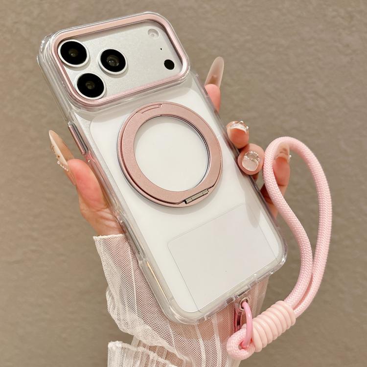 For iPhone 17 Pro Airbag Shockproof Magnetic Rotating Holder Phone Case with Wrist Strap(Pink)