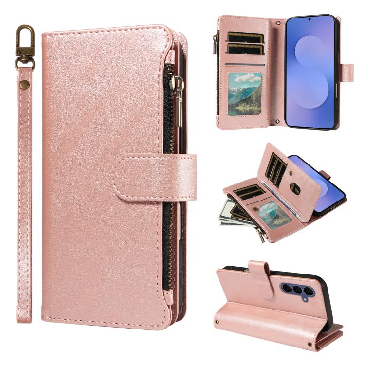 For Galaxy S26 FE 5G Imitation Calf Vegan Leather 9 Card Slots Zipper Phone Case with Wrist Strap(Rose Gold)