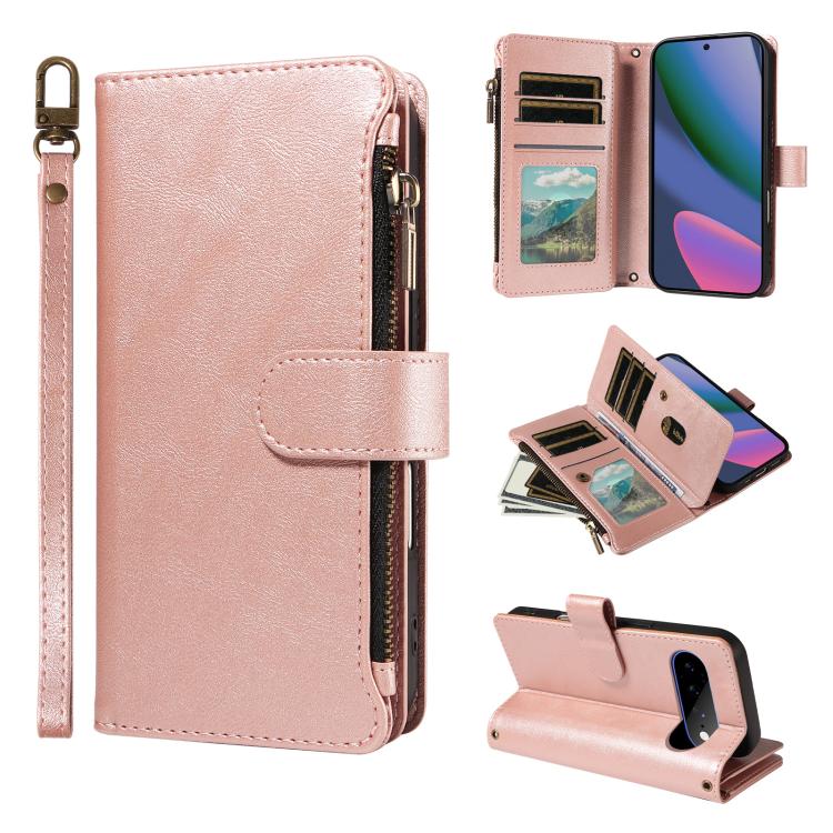 For Google Pixel 11 Pro XL Imitation Calf Vegan Leather 9 Card Slots Zipper Phone Case with Wrist Strap(Rose Gold)