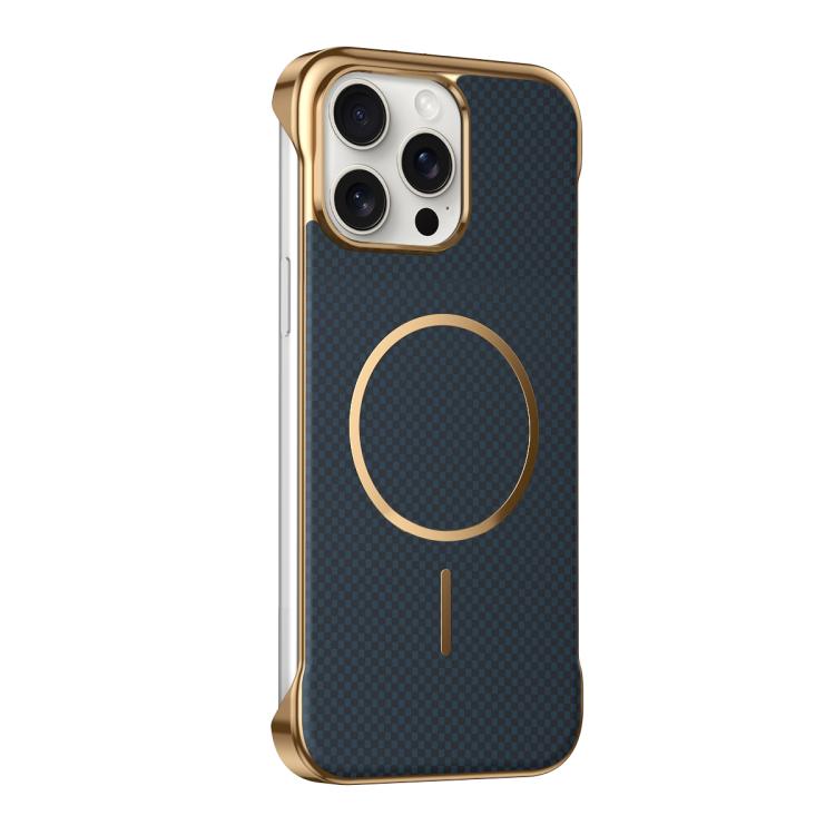 For iPhone 15 Pro Borderless Kevlar Texture Electroplated Magnetic Phone Case(Blue)