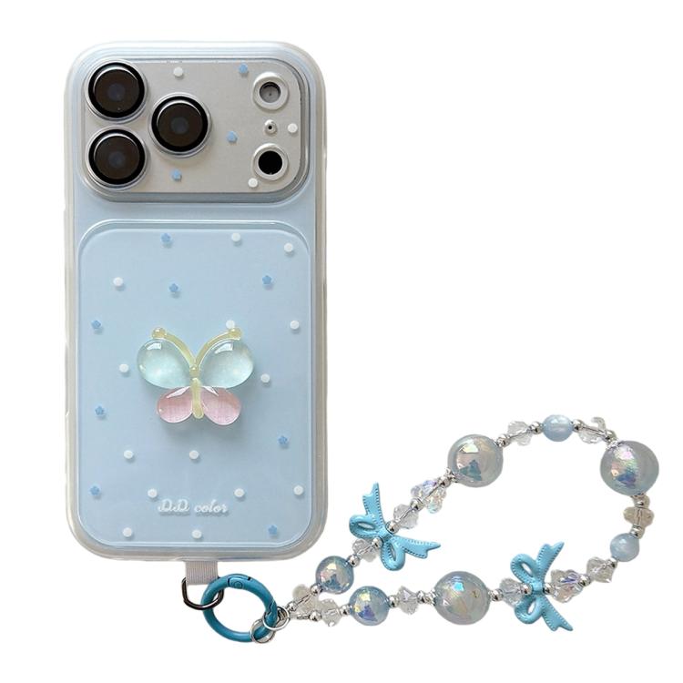 For iPhone 17 Pro Max Dots Pattern 3D Butterfly Decor Phone Case with Bracelet(Blue)