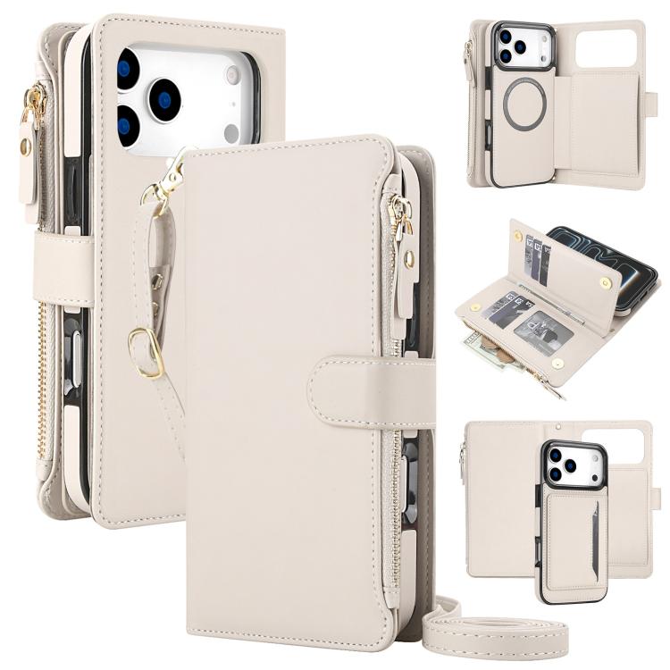 For iPhone 18 Pro KLT-033 Detachable 2 in 1 Zipper Wallet Magnetic Phone Case with Lanyard(Apricot)
