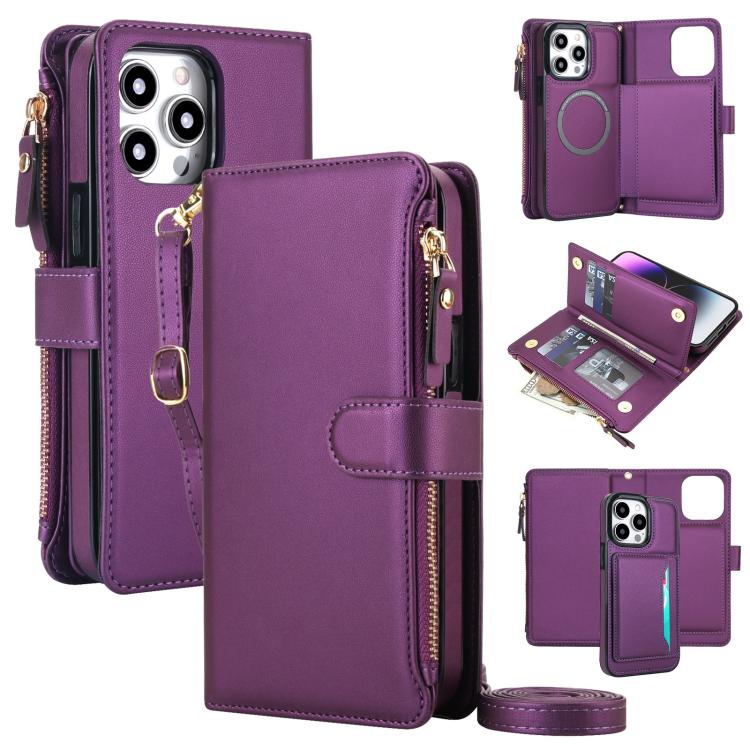 For iPhone 16 Pro Max KLT-033 Detachable 2 in 1 Zipper Wallet Magnetic Phone Case with Lanyard(Purple)