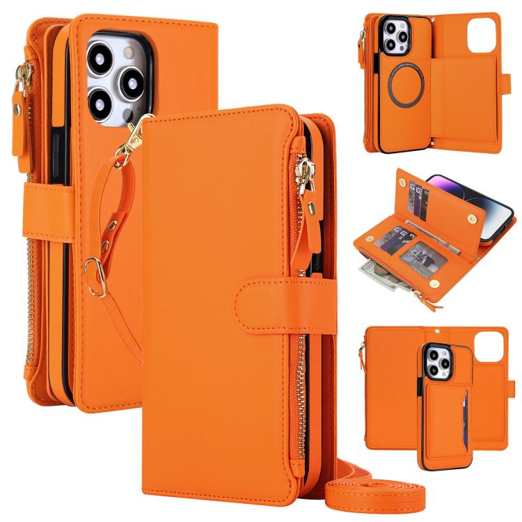 For iPhone 16 Pro KLT-033 Detachable 2 in 1 Zipper Wallet Magnetic Phone Case with Lanyard(Orange)