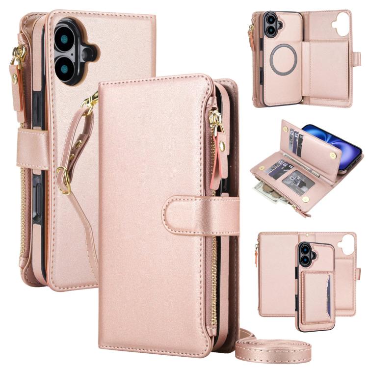 For iPhone 16 Plus KLT-033 Detachable 2 in 1 Zipper Wallet Magnetic Phone Case with Lanyard(Rose Gold)
