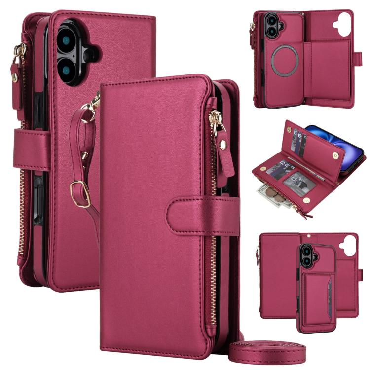 For iPhone 16 KLT-033 Detachable 2 in 1 Zipper Wallet Magnetic Phone Case with Lanyard(Red)