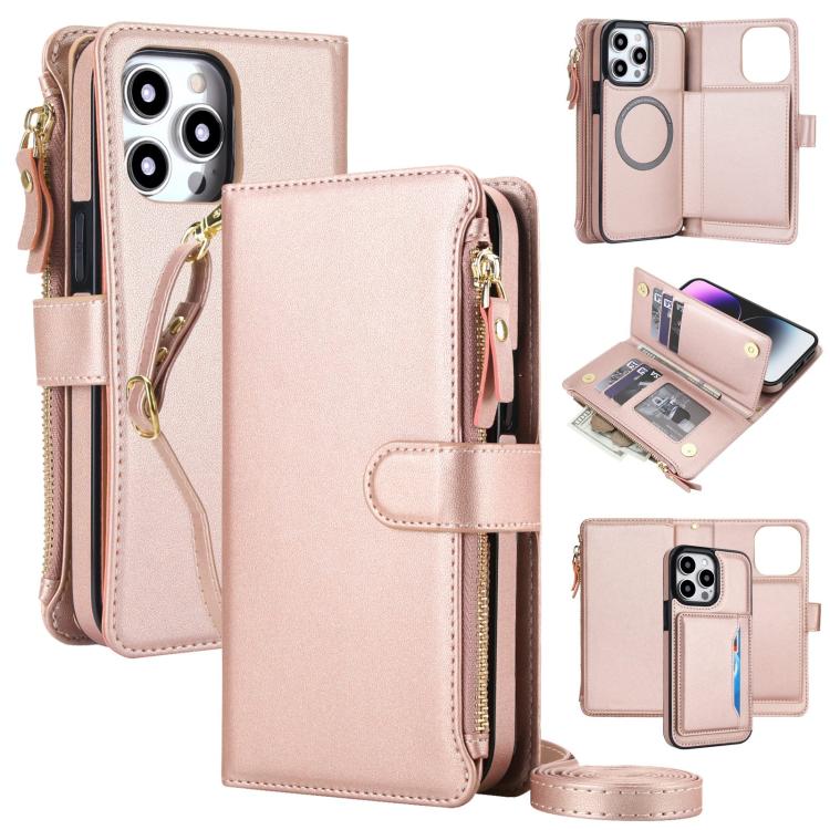 For iPhone 15 Pro Max KLT-033 Detachable 2 in 1 Zipper Wallet Magnetic Phone Case with Lanyard(Rose Gold)