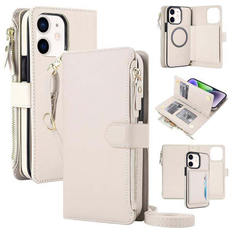 For iPhone 12 mini KLT-033 Detachable 2 in 1 Zipper Wallet Magnetic Phone Case with Lanyard(Apricot)