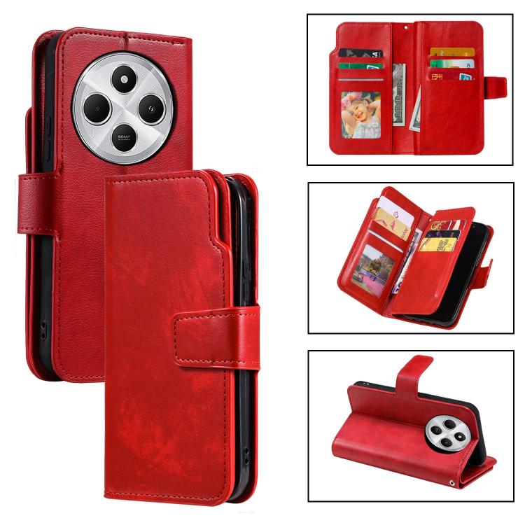 For Redmi 14C 4G / 5G Tri-Fold 9-Card Wallets Leather Phone Case(Red)