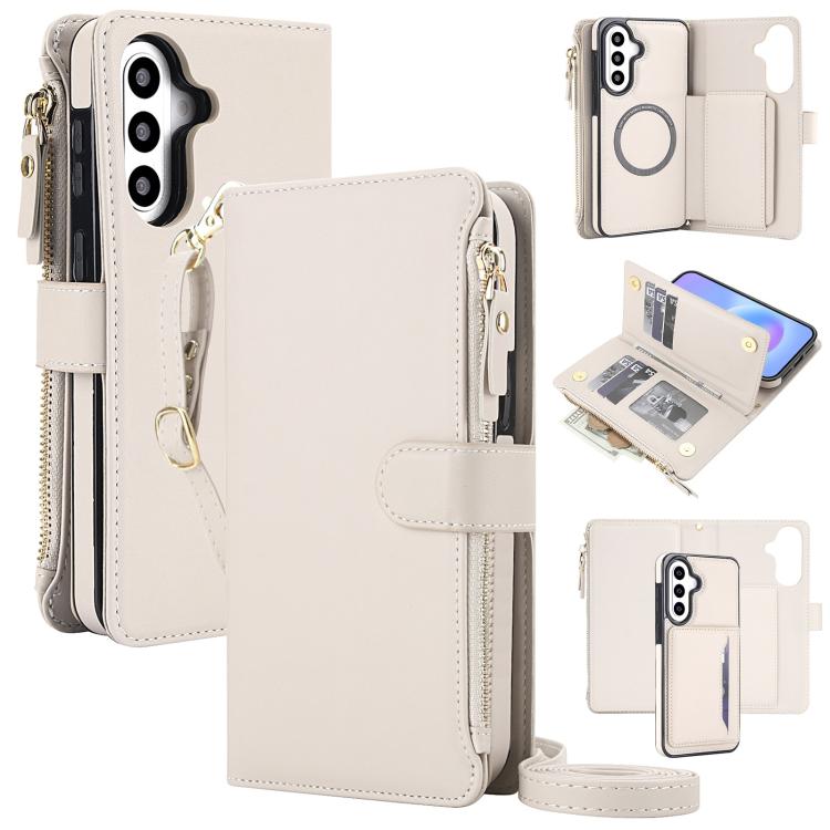 For Galaxy A57 5G KLT-033 Detachable 2 in 1 Zipper Wallet Magnetic Phone Case with Lanyard(Apricot)