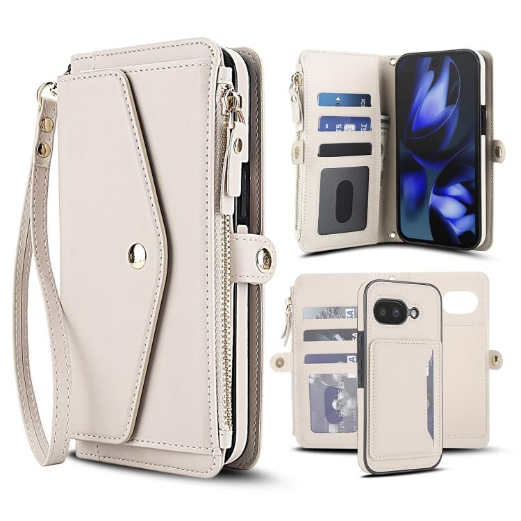 For Google Pixel 9a Multifunctional Wallet Detachable Leather Phone Case with Lanyard(White)