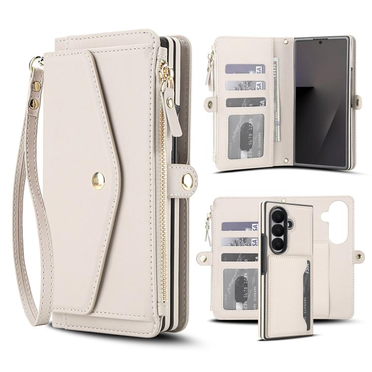 For Galaxy Z Fold7 5G Multifunctional Wallet Detachable Leather Phone Case with Lanyard(White)