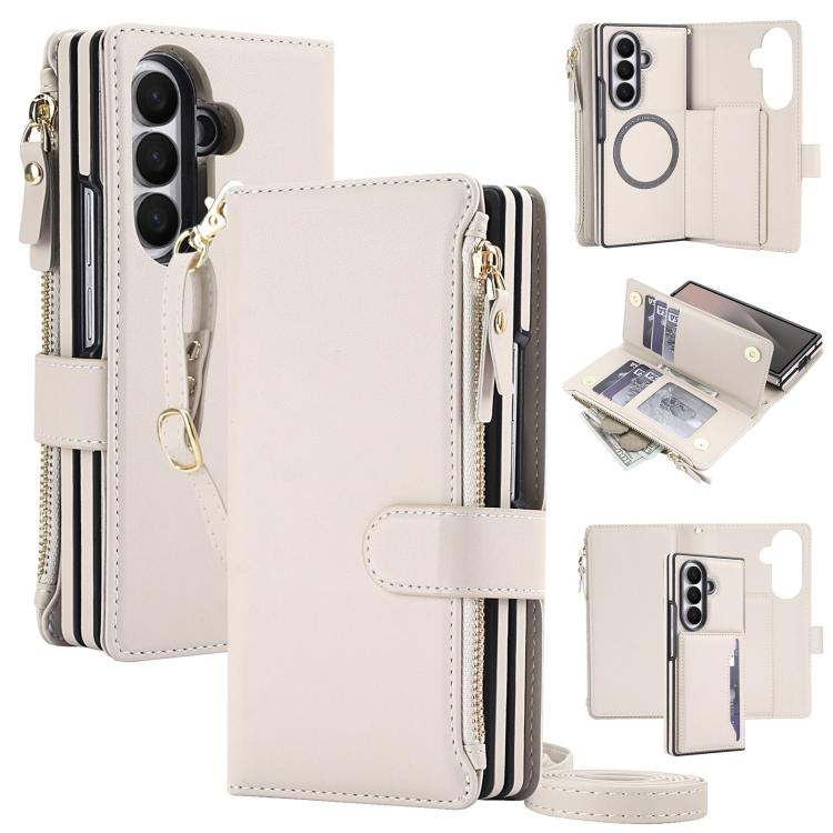 For Galaxy Z Fold7 5G KLT-033 Detachable 2 in 1 Zipper Wallet Magnetic Phone Case with Lanyard(Apricot)