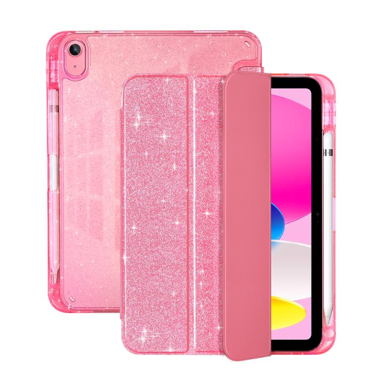For iPad 2025 / 2022 Tri-Fold Clear TPU Glitter Smart Leather Tablet Case(Pink)