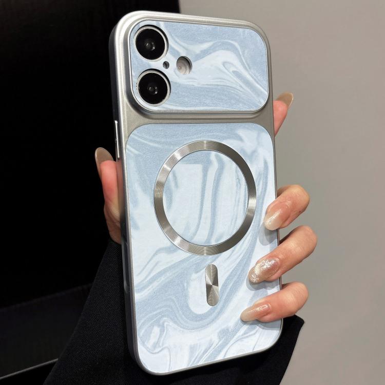 For iPhone 16 Plus Water Ripple PC Magnetic Vegan Leather Phone Case(Blue)