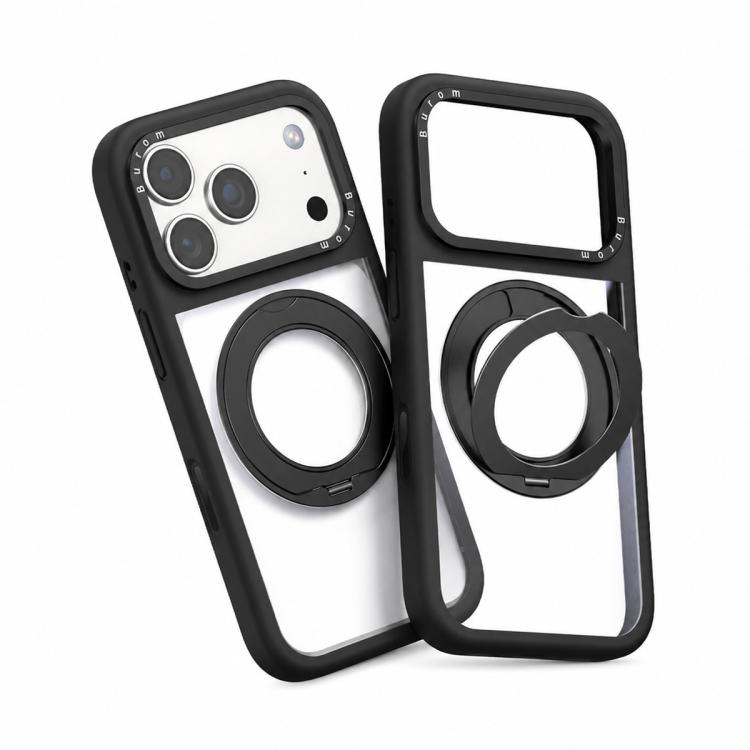 For iPhone 17 Pro Liquid Silicone Frame Hybrid Clear Back Panel Rotatable Magnetic Holder Phone Case(Black)