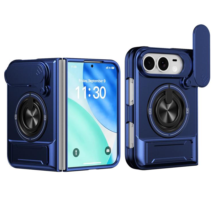 For iPhone Duo Lens Sliding Window Multifunctional Magnetic Shockproof Phone Case(Royal Blue)